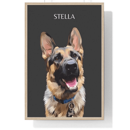 one pet portrait charcoal background wood frame