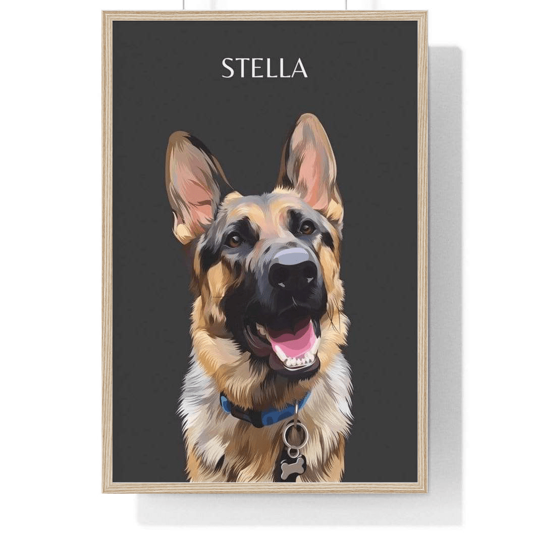 one pet portrait charcoal background wood frame