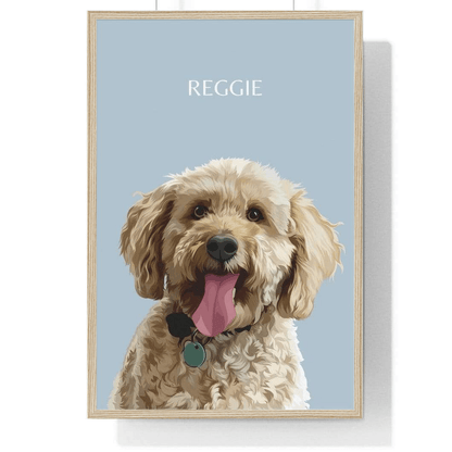 one pet portrait blue background wood frame