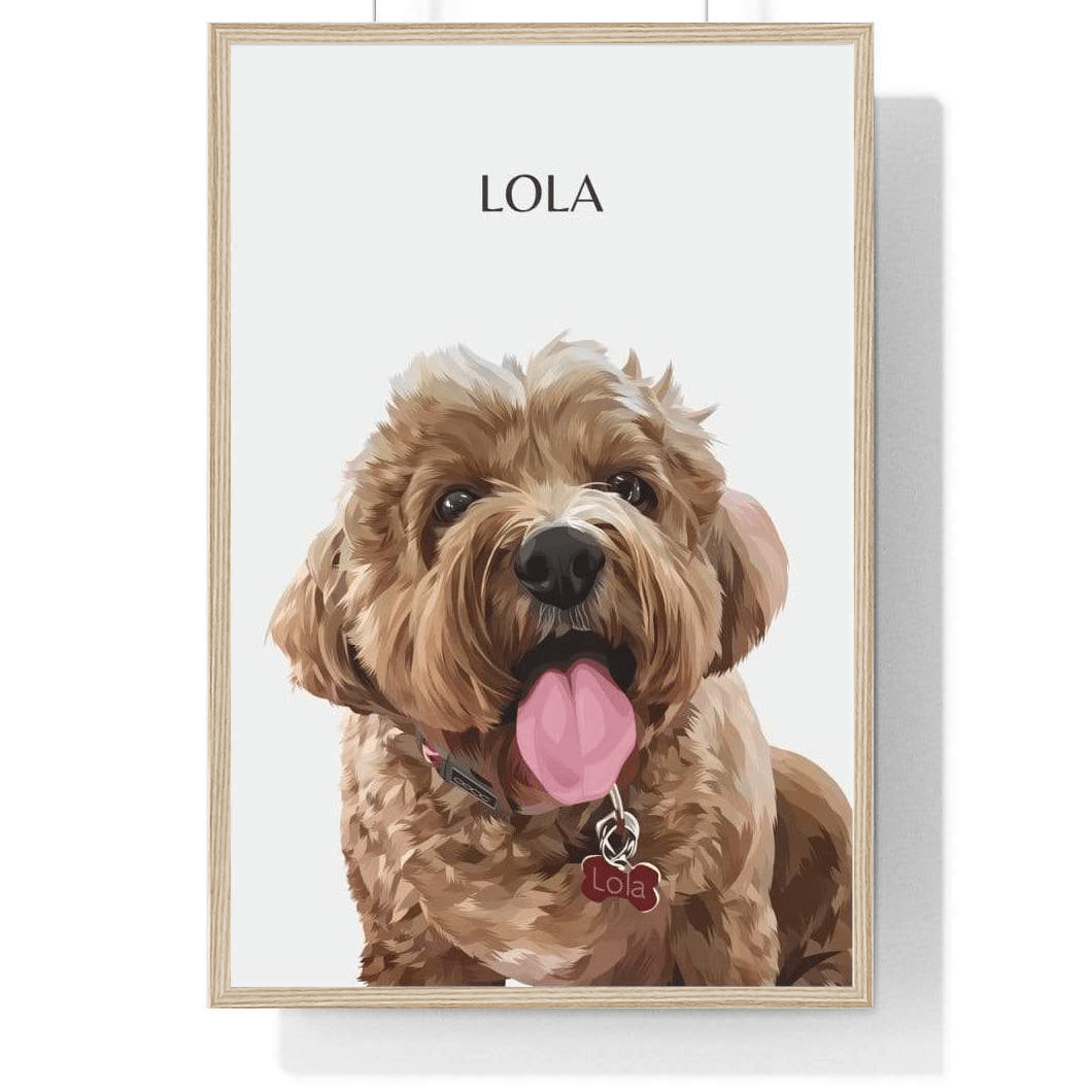 one pet portrait white background wood frame