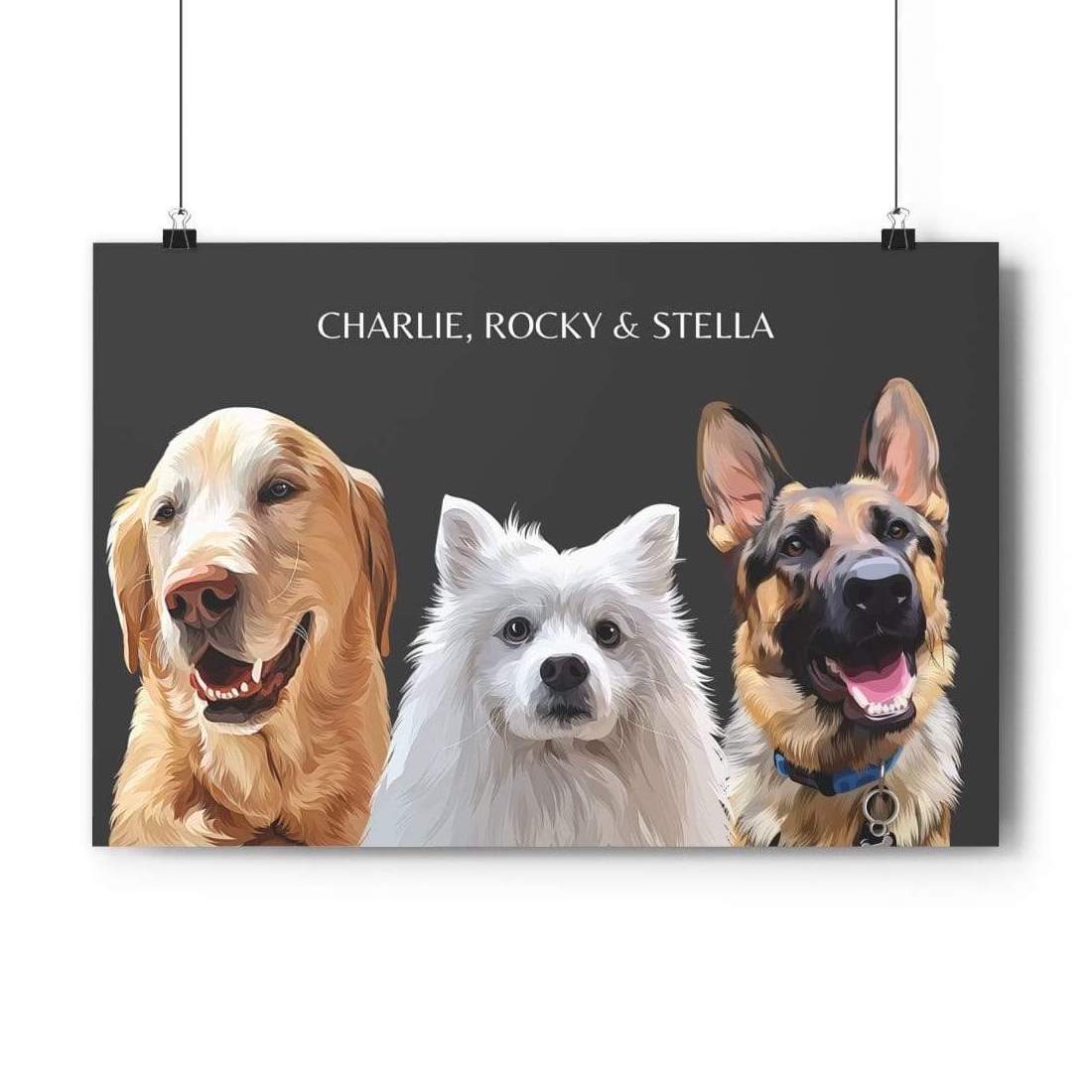 three pet portrait charcoal background poster