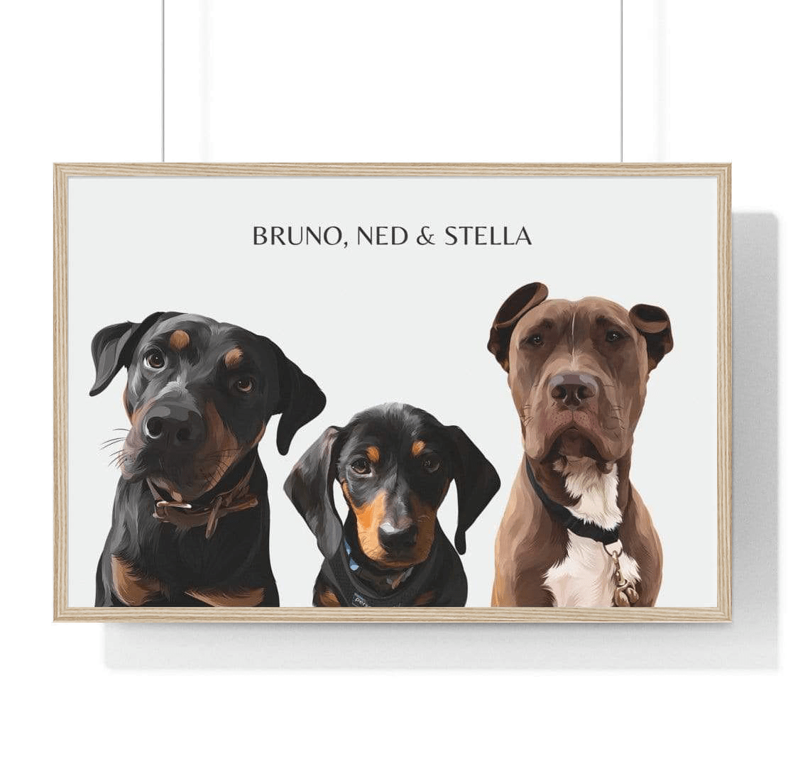 three pet portrait off-white background wood frame
